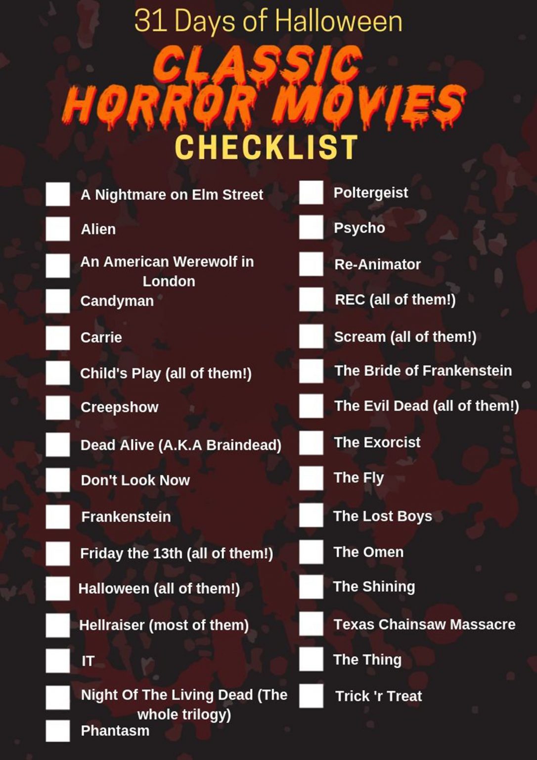 31 Days Of Halloween Classic Horror Movies Checklist
